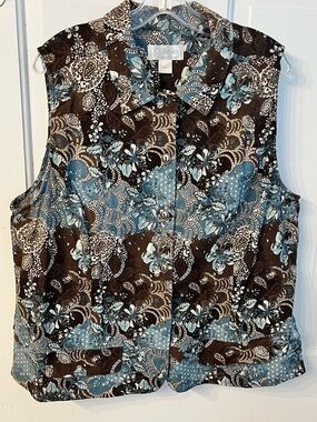 CJ Banks Paisley Floral Vest 1X Brown Turquoise Linen Cotton